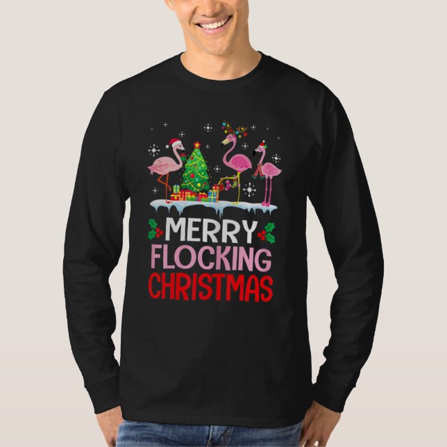 T-shirt Flamingo Noel Hats Dancing On Snow Merry Flocking  (Devant)