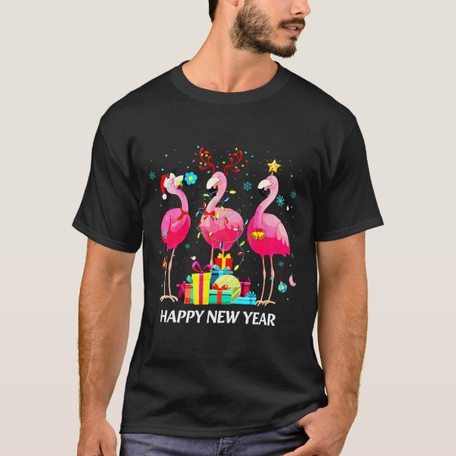 T-shirt Flamingo Santa Hat Happy New Year Light Long Sleev (Devant)