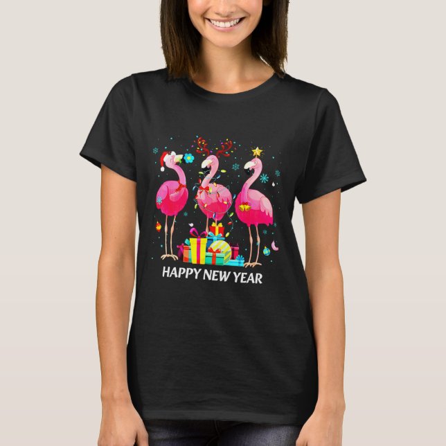 T-shirt Flamingo Santa Hat Happy New Year Light Long Sleev (Devant)