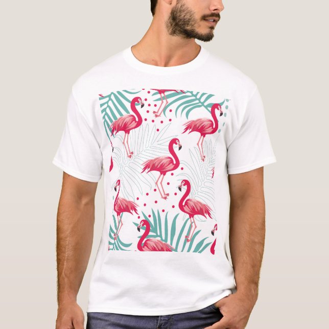 T-shirt Flamingo tropical et feuille, motif d'été. (Devant)