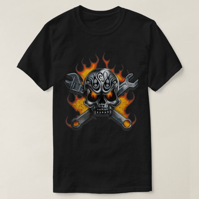 T-shirt Flammes de clé de crâne métallique Hommes mécaniqu (Design devant)