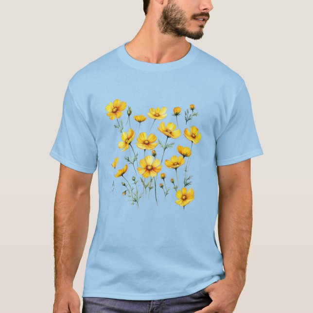 T-shirt Fleur de cosmos jaune écrite par aquarelle (Devant)