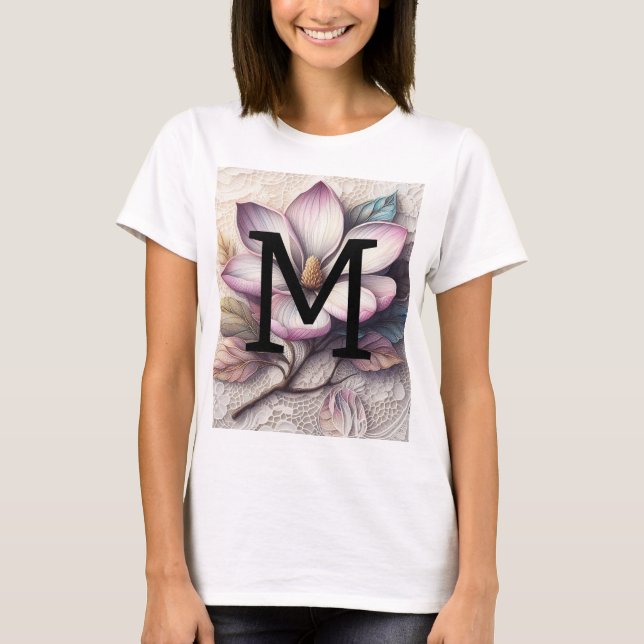 T-shirt Fleur de magnolia violet rose de dentelle de monog (Devant)