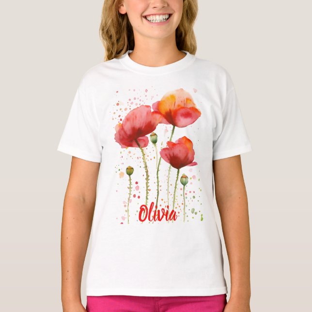 T-shirt Fleur de naissance d'août Coquelicots rouges Aquar (Devant)