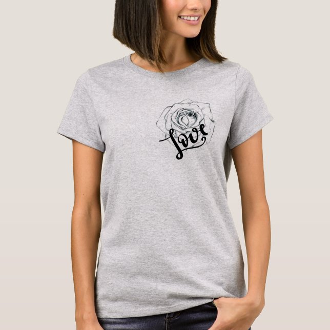 T-shirt Fleur de rose noire et blanche, aimée (Devant)
