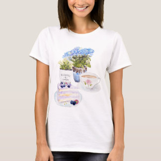 T-shirt fleur de thé à gâteau violet peint à la main