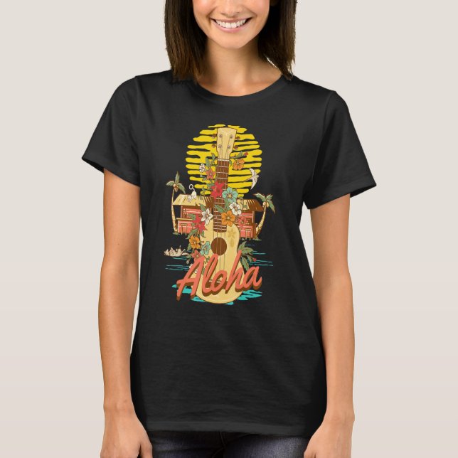 T-shirt Fleur Ukulele Aloha Hawaii Coucher de soleil Vinta (Devant)