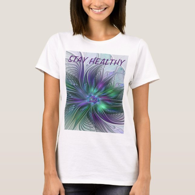 T-shirt Fleur vert violet Art Abstrait moderne Fractal (Devant)