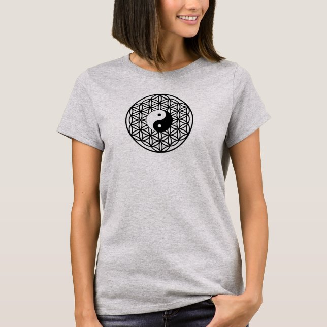 T-shirt Fleur Yin Yang de la vie noir et blanc (Devant)