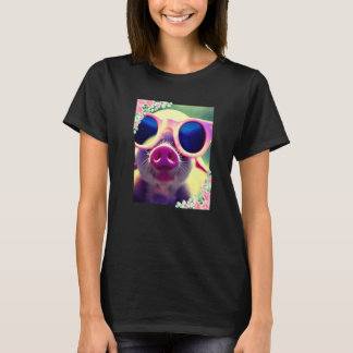 T-shirt Fleurs à l'aquarelle et cochon portant des lunette