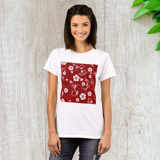 T-shirt Fleurs blanches Arrière - plan rouge (Créateur téléchargé)