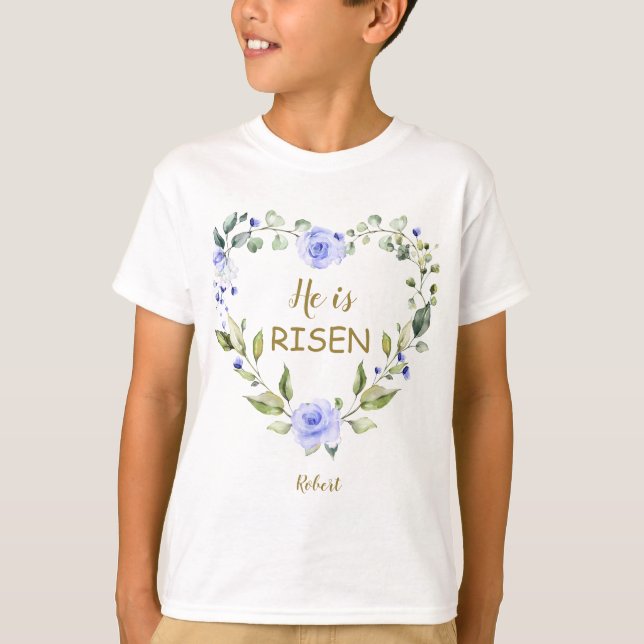 T-shirt Fleurs bleues Il est ressuscité Bonne Typographie  (Devant)