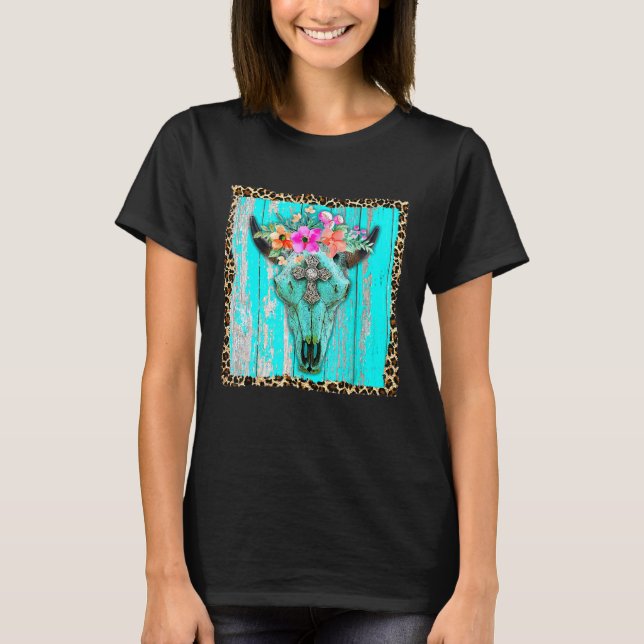 T-shirt Fleurs Boho Occidentales Taureau de vache Turquois (Devant)
