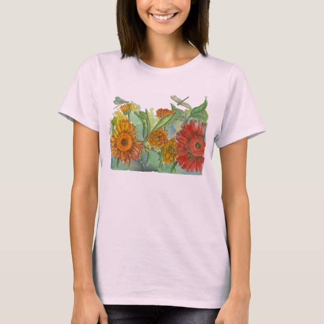 T-shirt Fleurs d'aquarelle de libellules rouges (Devant)