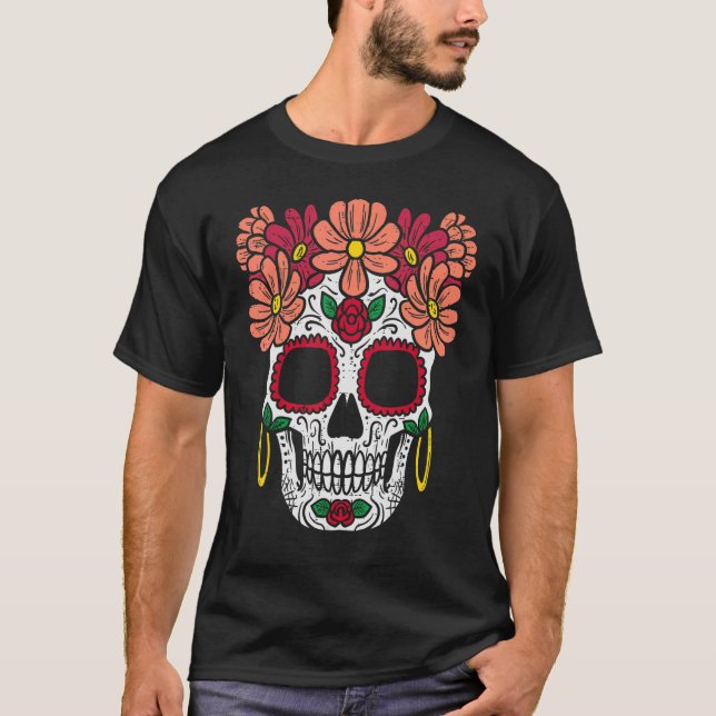 T-shirt Fleurs de crâne sucre Tête Calavera Floral Dia De  (Devant)