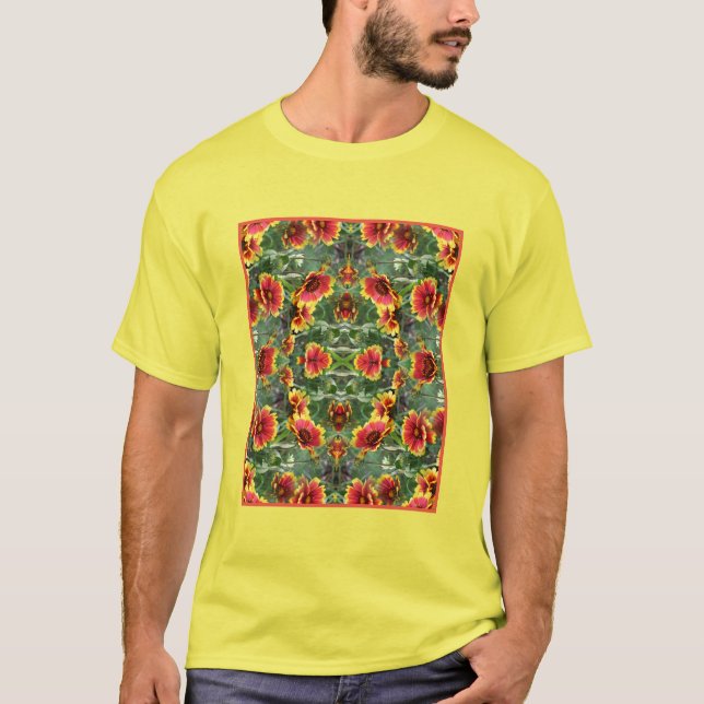 T-shirt Fleurs De Faisée Rouge Et Jaune Abstraites (Devant)