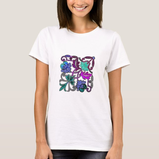 T-shirt FLEURS DE LACE BLANC turquoise BLEU PURPLE (Devant)