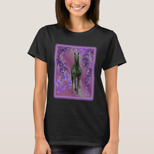 T-shirt Fleurs de licorne noire Imaginaire Cheval Art (Devant)