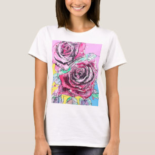 T-shirt Fleurs de peinture à l'aquarelle de rose rouge Fle