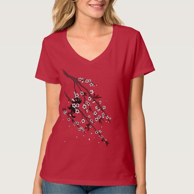 T-shirt Fleurs de prune élégantes et chemise de chat noir (Devant)