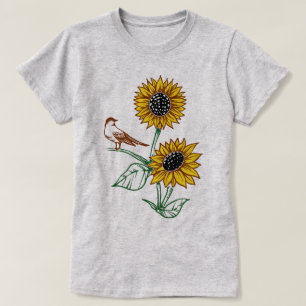 T-shirt Fleurs de soleil avec un petit oiseau sur une bran