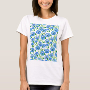 T-shirt Fleurs d'eau bleu, fleurs sauvages sur blanc