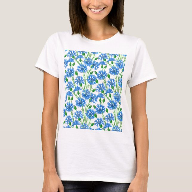 T-shirt Fleurs d'eau bleu, fleurs sauvages sur blanc (Devant)