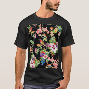 T-shirt Fleurs d'oiseaux sauvages : Noir Vintage