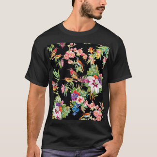 T-shirt Fleurs d'oiseaux sauvages : Noir Vintage