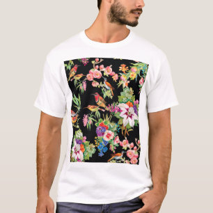 T-shirt Fleurs d'oiseaux sauvages : Noir Vintage