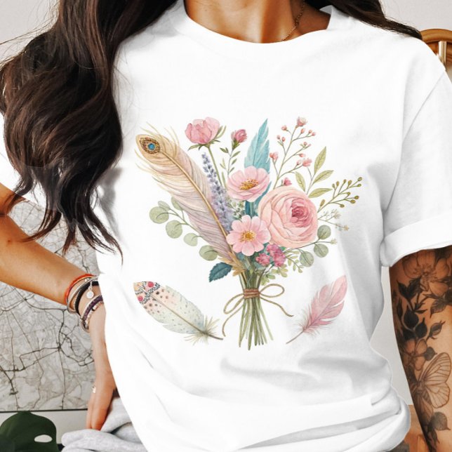 T-shirt Fleurs et plumes roses (Créateur téléchargé)