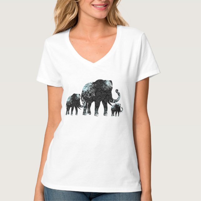 T-shirt Fleurs noires rétro famille éléphante (Devant)