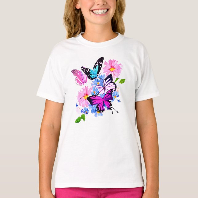 T-shirt Fleurs roses et bleues et papillon (Devant)