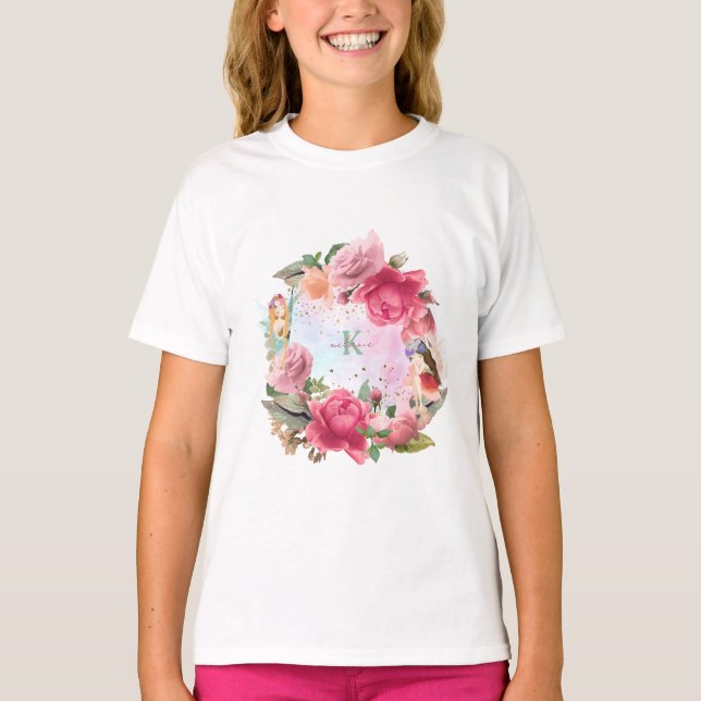 T-shirt Fleurs Roses Et Fées Filles (Devant)