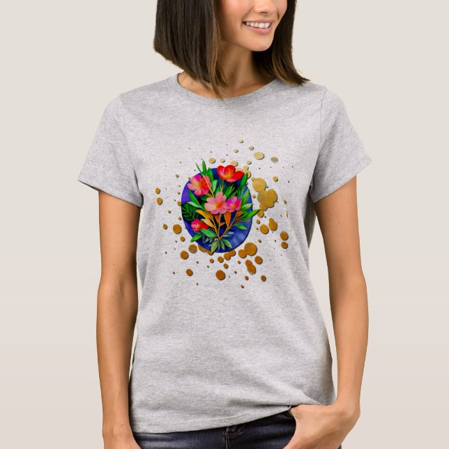 T-shirt Fleurs rouges, Feuilles verts et Arrière - plan do (Devant)