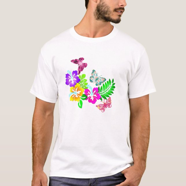 T-shirt Fleurs tropicales et papillons du ciel (Devant)