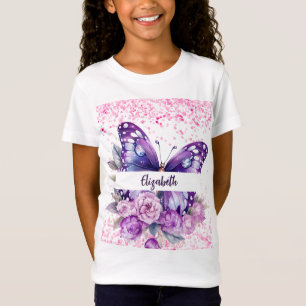 T-Shirt Fleurs violettes roses papillon