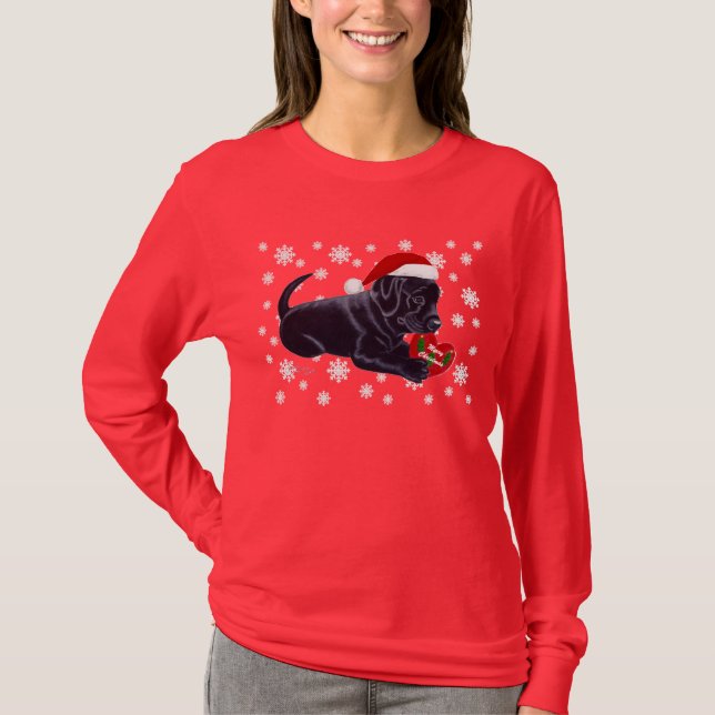 T-shirt Flocon de neige noir de Noël de labrador retriever (Devant)