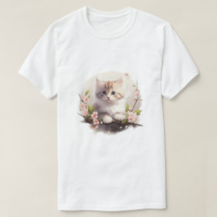 T-Shirt Flocons de Chat avec Fleurs Roses Aquarell