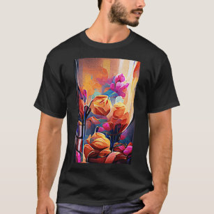T-shirt Floral Abstract Art Orange Red Blue Flowers