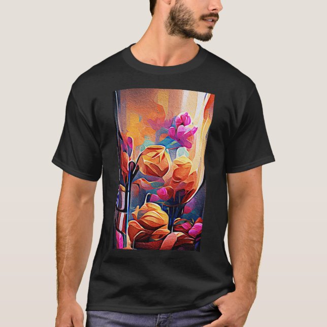 T-shirt Floral Abstract Art Orange Red Blue Flowers (Devant)