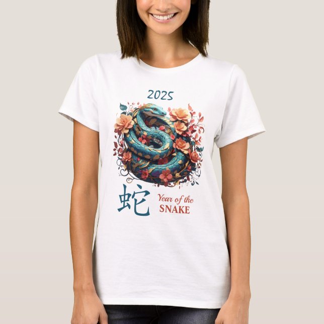 T-shirt Floral bleu 2025 Année chinoise du serpent (Devant)