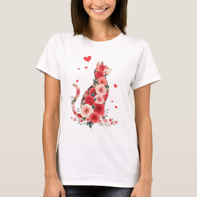 T-shirt Floral Cat Silhouette Roses Hearts Love (Devant)