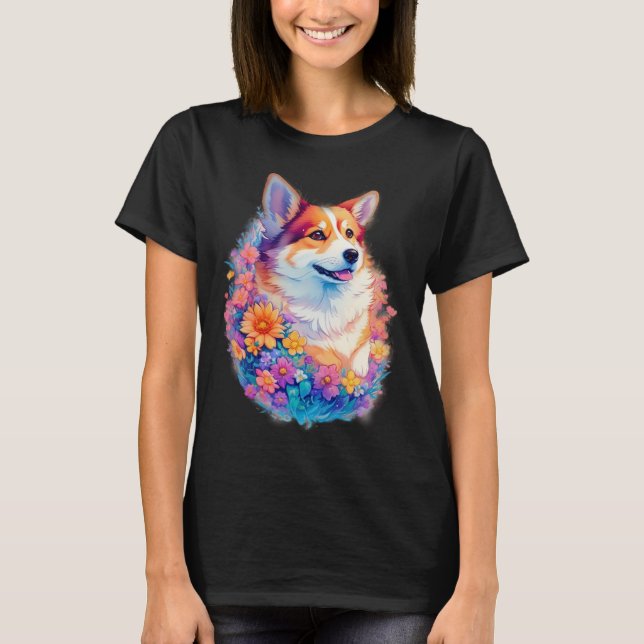 T-shirt Floral Corgi rainbow  Cute Dog Graphic (Devant)