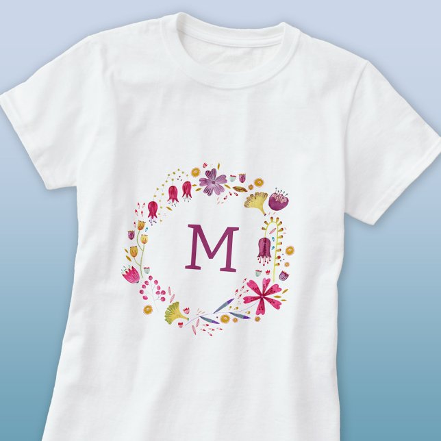 T-shirt Floral d'aquarelle de Monogramme moderne (Modern monogram initial personalized floral watercolor wildflower t-shirt)