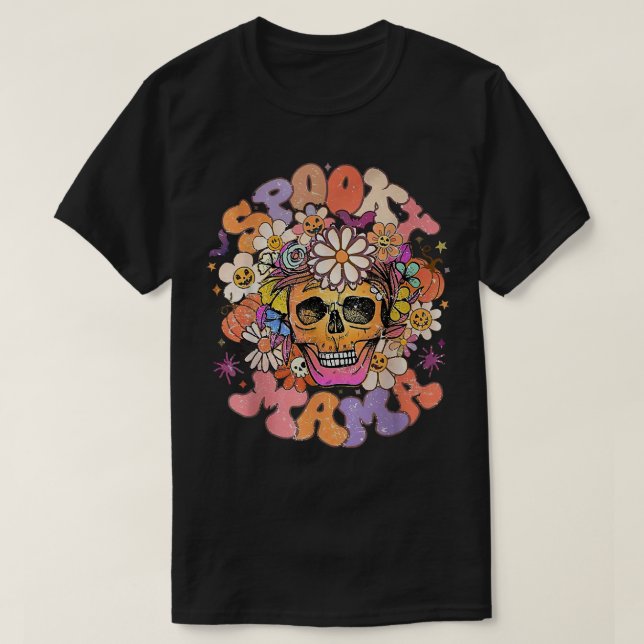 T-shirt Floral Éffrayant Mama Rétro Halloween Super S (Design devant)