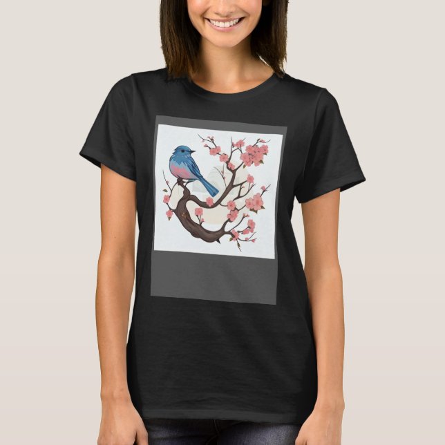 T-shirt Floral Fauna Eastern Blue Bird Pink Cherry Blossom (Devant)