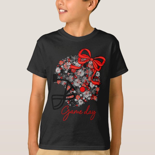T-shirt Floral Football Game Day Girly Team Srit Black Red (Devant)