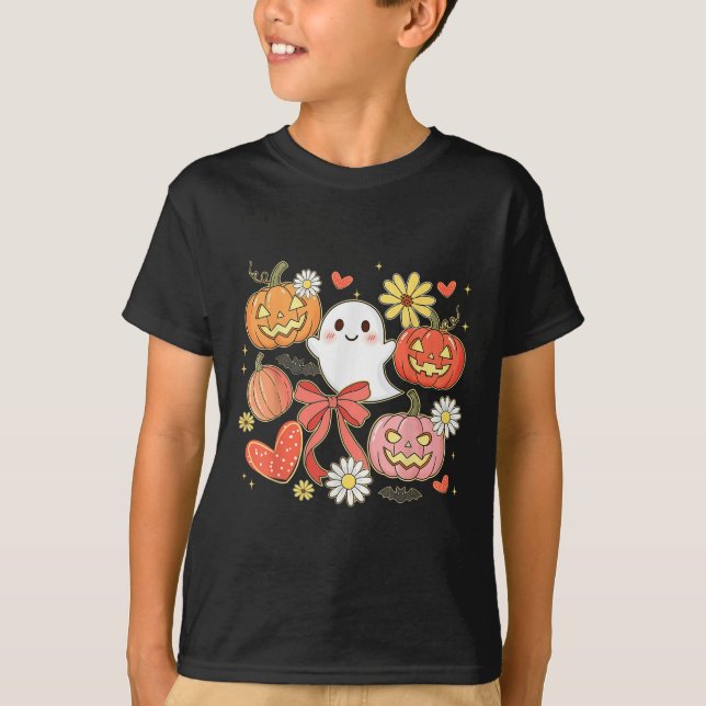 T-shirt Floral Halloween Ghost Jack-o-lantern Coquette Bow (Devant)