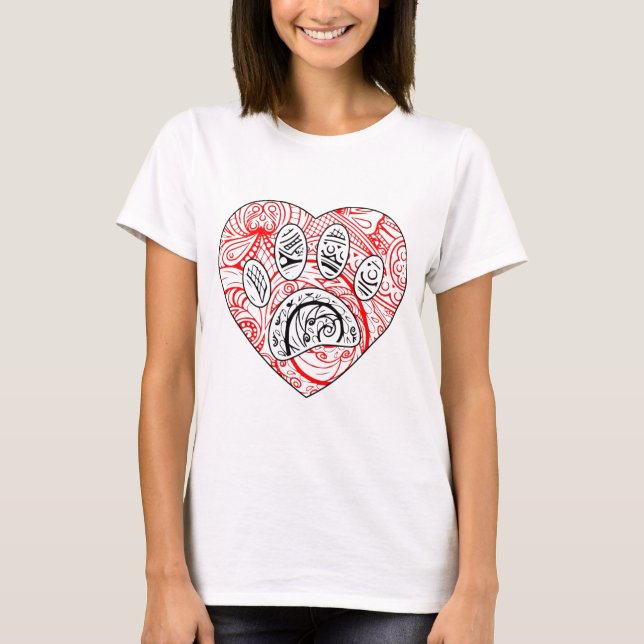 T-shirt Floral Mandala Chien Empreinte de patte Coeur roug (Devant)